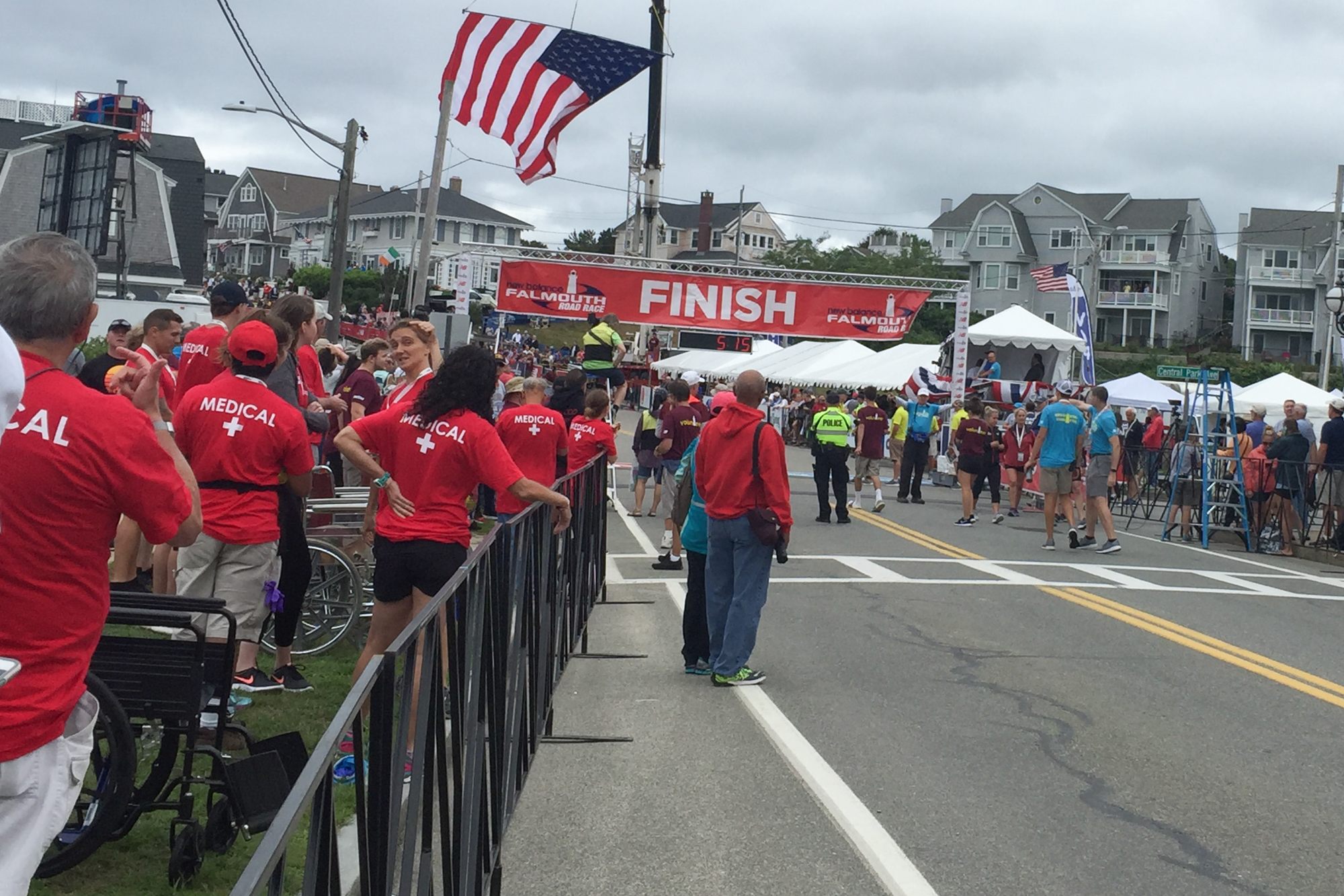 medial team as runners cross finish line at falmouth road race